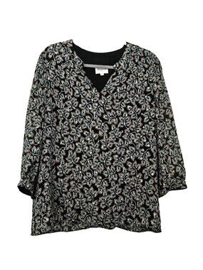 Maison 123 Paris Black Teal & Silver V-neck Blouse Top 44 F US 12